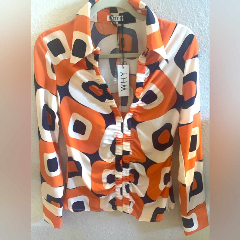 Why Dress Orange and Blue Blouse NWT Size small pullover 70’s look